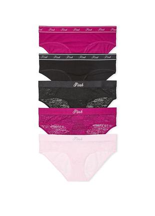 5 шт набір бавовняних і мереживних трусиків хіпс victoriassecret pink