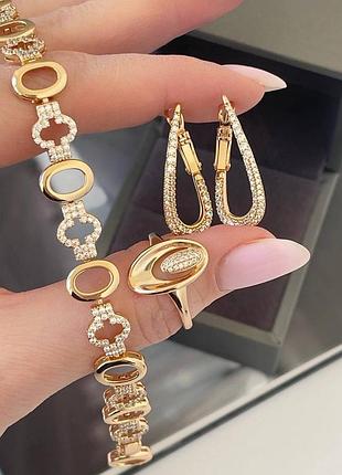 Набор медсплав медзолото, фианиты камушки, серьги петля, кольца овал, браслет