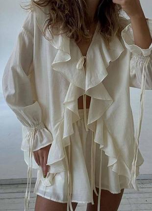 Накладний платіж ❤ літній шифоновий костюм оверсайз блуза в стилі бохо з рюшами і шорти на підкладці