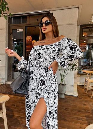 Жіноча сукня літня міді приталена з резинкою на грудях та розрізом на ніжці