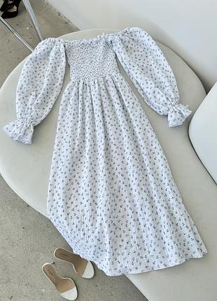 Муслінова сукня міді біла у сердечко з довгим обʼємним рукавом бавовняна з розрізом4 фото