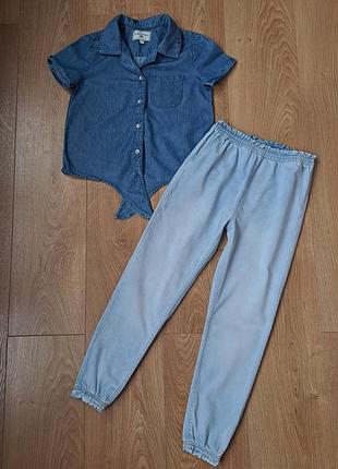 Летний набор костюм/летние джинсы на резинке джогеры/джинсовая рубашка ддя девочки