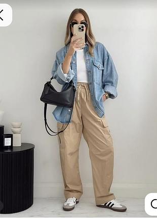 Карго брюки с карманами прямые свободные бежевые штаны высокая посадка оверсайз широкие спортивные