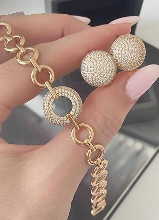 Набор медсплав медзолото, фианиты камушки, серьги и браслет