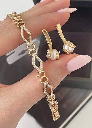 Набор медсплав медзолото фианиты камешников и жемчуга жемчуг бусины серьги и браслет