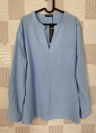 Нова жіноча сорочка льон+котон , блакитна подовжена сорочка  блуза