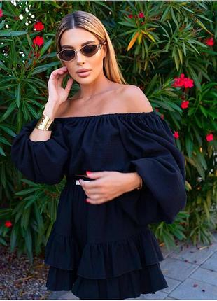 Жіночий легкий костюм на літо топ та спідниця міні з мусліну чорний