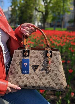 Premium | сумка женская  бежевая guess гесс  на три отделения люкс