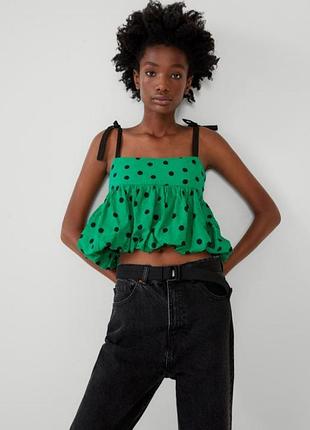 Красивый зеленый топ с пышным низом в крупный горох, 100% хлопок