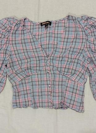 Блуза кроп-топ літня жіноча pink vanilla коттон глибокий виріз блакитно-рожева клітинка s/m