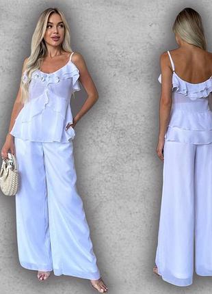 Костюм брючний жіночий літній з шифону кроп топ блуза з рюшами штани палаццо прямі білий