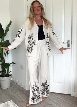 Стильний, якісний брючний костюм сорочка і брюки f&f з віскози та льону