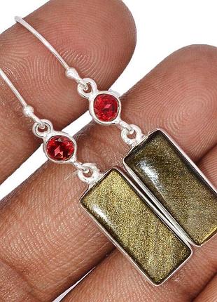 Обсидіан чорний золотий блиск срібні сережки, 0215со