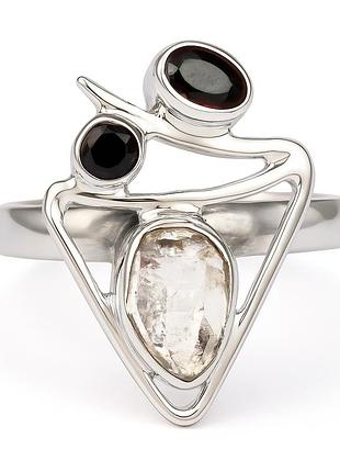 Херкимерский алмаз и чёрный оникс серебряное кольцо, 0450кх