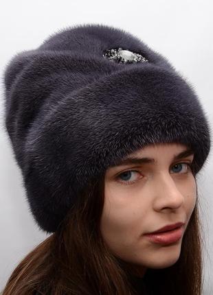 Жіноча висока зимова норкова шапка рукавичка1 фото