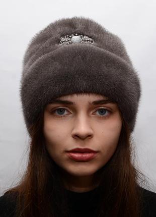 Жіноча висока зимова норкова шапка рукавичка2 фото