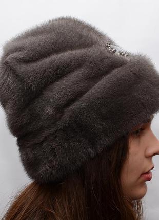 Жіноча висока зимова норкова шапка рукавичка3 фото
