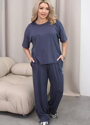 Бомбезный костюм тройка, брюки шорты и футболка, спортивный батал, палаццо