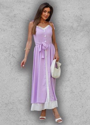 Сарафан длинный летний женский на бретелях с двойной пышной юбкой с корсетным лифом лиловый