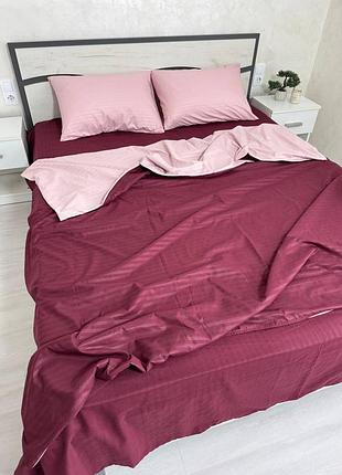 Двоколірна постільна білизна страйп бязь, рожевий+бордо
