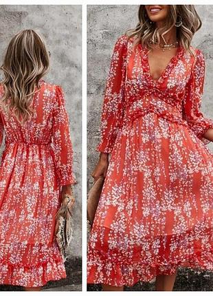 Шифоновое воздушное красное платье в цветочный принт, vintage стиль shein(размер 40)