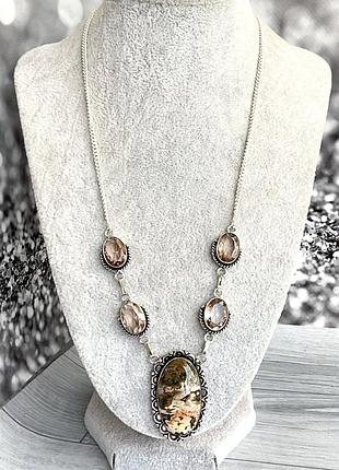 Индия, колье с яшмой риолит и морганитовыми кварцами, длина 57 см