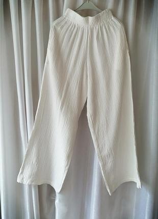 Длинные широкие натуральные летние брюки палаццо высокая посадка с карманами натуральный хлопок муслин бел