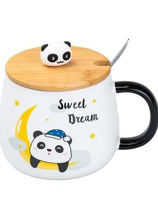 Чашка керамічна панда 450 мл з бамбуковою кришкою sweet dream hp7203m