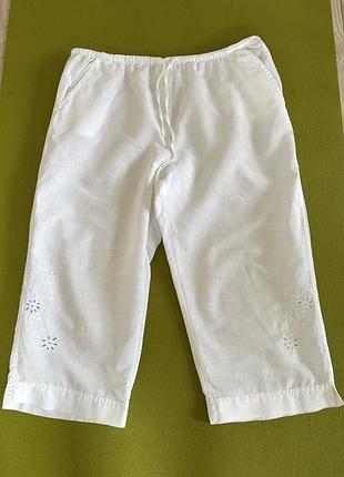 Білі бріджи з вишивкою, каплі білі, бріджи льон котон