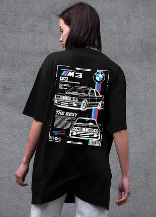 Черная оверсайз футболка женская с принтом bmw хлопковая на лето