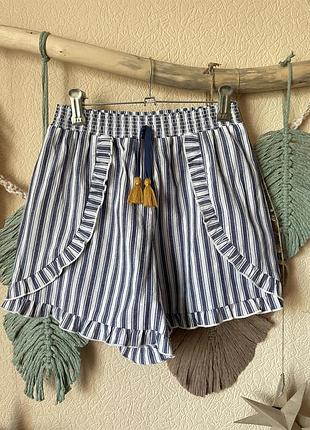 Літні бавовняні шорти у смужку полоску з рюшами та китицями