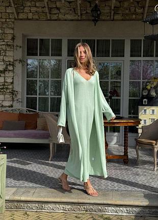 Женский комплект двойка сарафан с кардиганом длинный зеленый хлопковый из хлопка