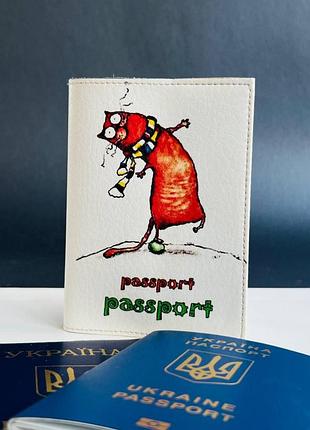 Обложка на паспорт - книжку кожа , загранпаспорт, загран паспорт венный билет кот (арт. 970)