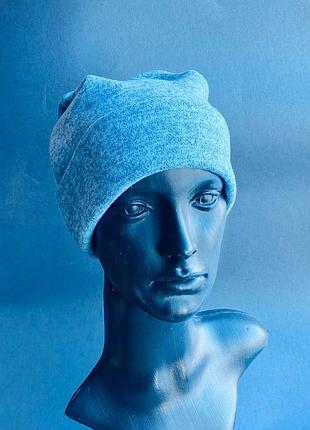 3 в 1 шапка  ангора круглая ,бинни , с подворотом голубая