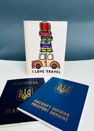 Обложка на паспорт - книжку кожа , загранпаспорт, загран паспорт венный билет i love travel