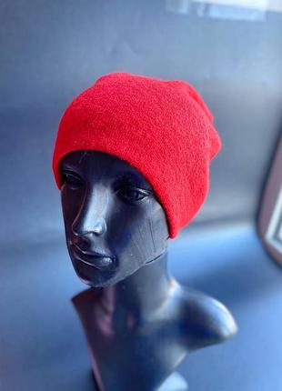 3 в 1 шапка  ангора круглая ,бинни , с подворотом красная