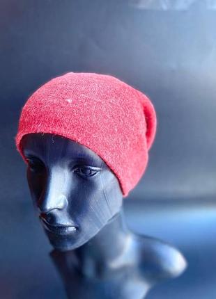 3 в 1 шапка  ангора круглая ,бинни , с подворотом красная