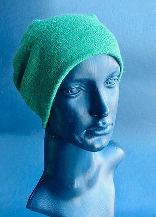 Шапка  3 в 1  ангора кругла, біні з підворотом зелена