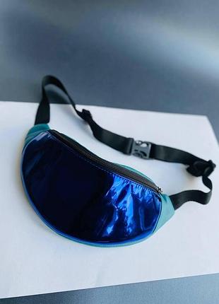 Топ качество ! бананка синяя зеркальная, сумка на пояс  поясная сумка с принтом