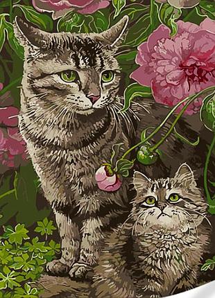 Картина за номерами strateg котики у квітах на кольоровому фоні розміром 40х50 (gs1596)