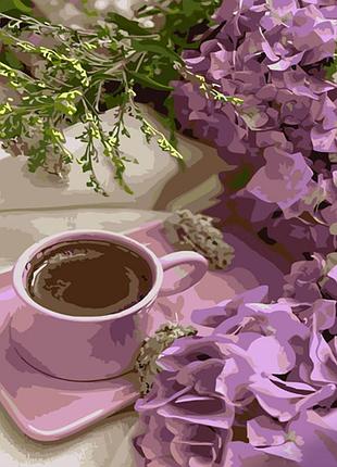 Картина за номерами strateg преміум фіолетові гортензії з кавою розміром 40х50 см (gs1035)