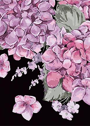 Картина за номерами strateg преміум цвітіння гортензій на чорному фоні розміром 40х40 см (av4040-29)