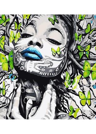 Картина за номерами strateg преміум метелики біля обличчя з лаком та з рівнем розміром 40х50 см (ss6479)