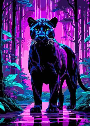 Картина за номерами strateg преміум пантера серед фіолетових тропіків на чорному фоні розміром 30х40 см