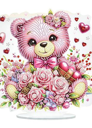 Алмазна мозаїка strateg преміум ніжний ведмедик на підставці розміром 25х25 см (yklz15263)