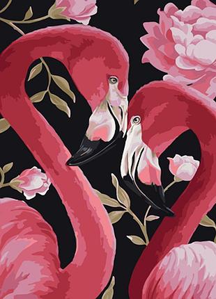 Картина за номерами strateg рожеві фламінго з квітами на кольоровому фоні розміром 40х50 см (mz061)