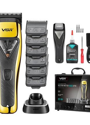 Акумуляторна машинка для стрижки (clipper) vgr v-015, 6 насадок з магнітами, vector motor 9000 rpm, led