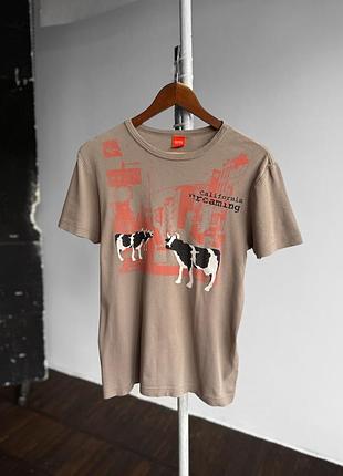 Hugo boss california dreaming vintage y2k t-shirt cow print вінтажна, стрейчева футболка з принтом