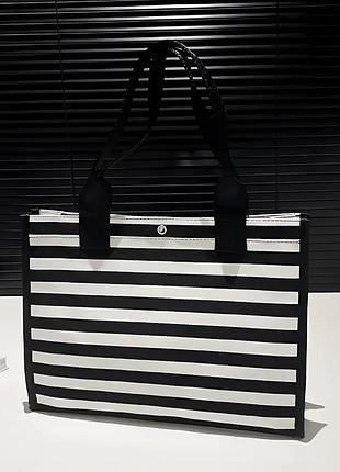 Женская сумка шоппер текстильная с ручками черная с белым