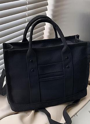 Женская сумка шоппер черная текстильная с ручками на плечо